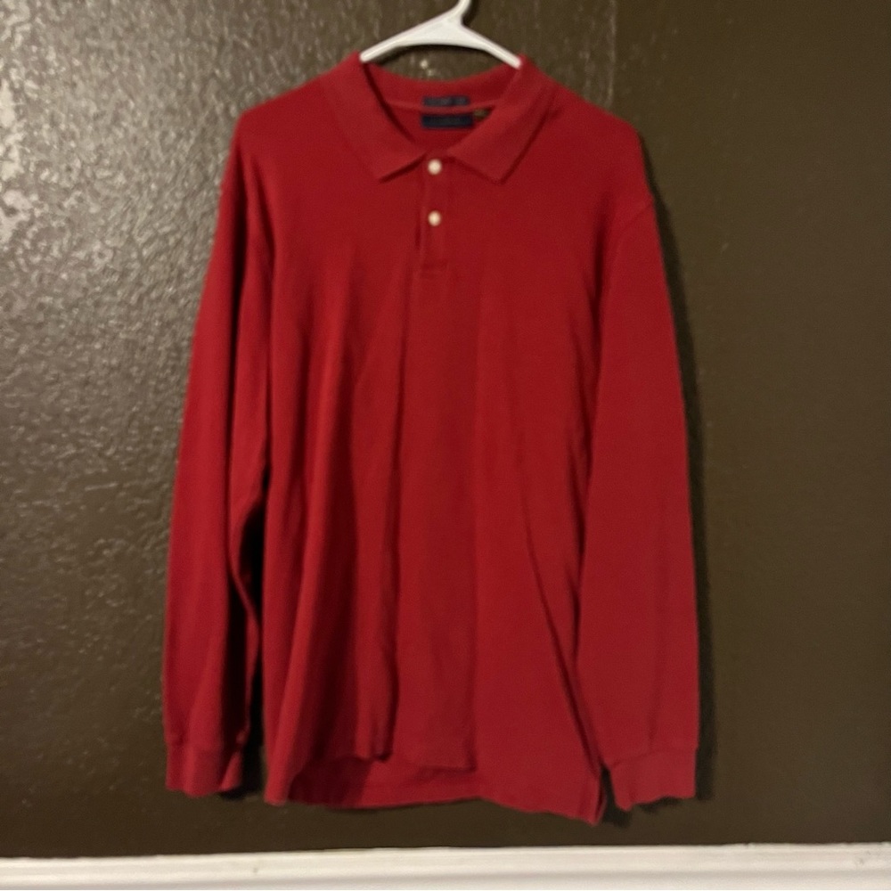 Red Long Sleeve Two Button Collared Long Sleeve Shirt, 100% Cotton, Size XL